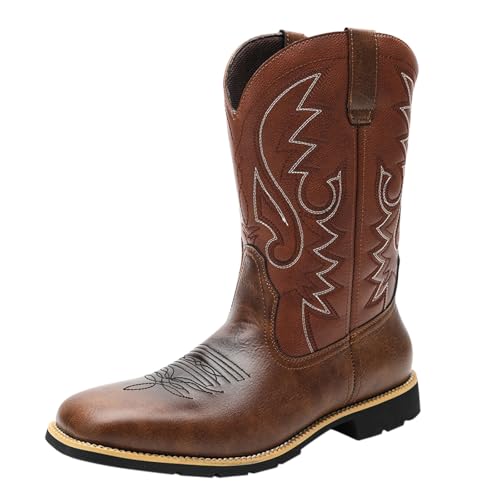 BIISDOST Boots Herren Westernstiefel Kunstleder Cowboyboots Klassisch Lederstiefelel Kurze Ankle Boots Männer Mittelalter Schuhe Kleiner Absatz Vintage Stiefeletten 39-48 von BIISDOST