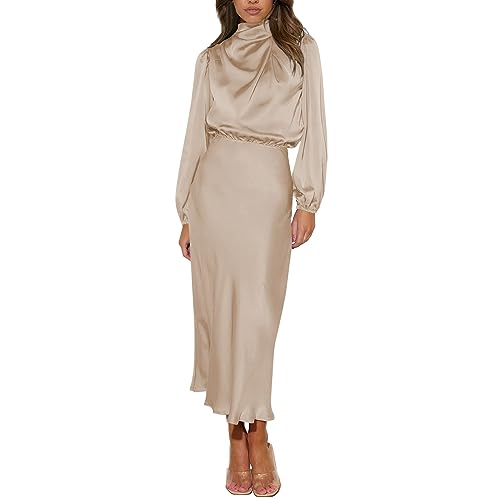 BIISDOST Damen-Kleid aus einfarbigem, hochgeschlossenem Satin mit Langen Ärmeln und eleganter, schmaler Passform Brautmutter Kleider Für Hochzeit (Beige, M) von BIISDOST