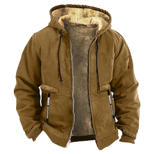 BIISDOST Fleecejacke Herren Winter Braun Wanderjacke Gepolsterte Weich Puffer Outdoorjacke Flauschige Dicke Jacket Wanderjacke mit Reißverschlusstaschen Kapuzenjacke mit breitem Schlichter von BIISDOST