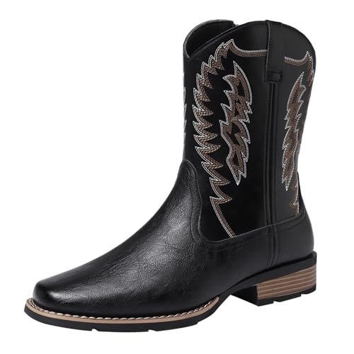 BIISDOST Herren Cowboy Stiefel Westernstiefel Kunstleder Cowboyboots Klassisch Lederstiefelel Kurze Ankle Boots Männer Mittelalter Schuhe Kleiner Absatz Vintage Stiefeletten 39-48 von BIISDOST