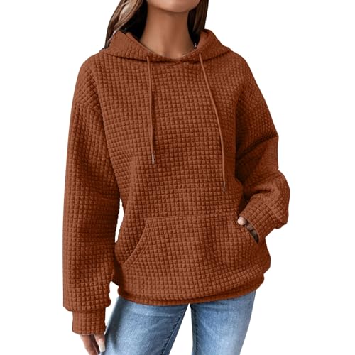 BIISDOST Hoodie Damen Kapuzenpullover Waffel Lässig Sweatshirt mit Taschen Hooded Oberteile für Frauen Einfarbig Langarm V Ausschnitt Oversize Pullover Sport Casual Regular Fit von BIISDOST