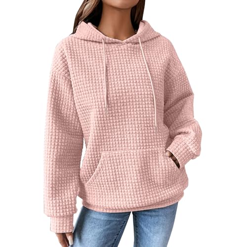 BIISDOST Hoodie Damen Kapuzenpullover Waffel Lässig Sweatshirt mit Taschen Hooded Oberteile für Frauen Einfarbig Langarm V Ausschnitt Oversize Pullover Sport Casual Regular Fit von BIISDOST
