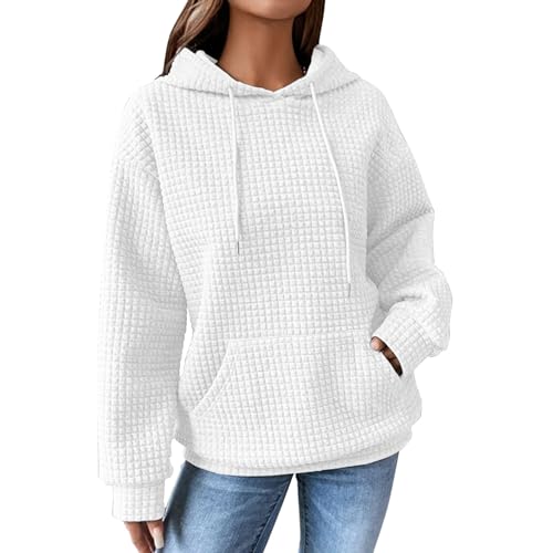 BIISDOST Hoodie Damen Kapuzenpullover Waffel Lässig Sweatshirt mit Taschen Hooded Oberteile für Frauen Einfarbig Langarm V Ausschnitt Oversize Pullover Sport Casual Regular Fit von BIISDOST