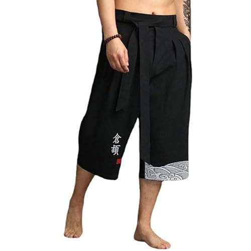 Japanische Kimono-Hose Baumwolle und Leinen Traditionelle Badehose Weich Bequem Sommershorts mit Drawstring Gummibund Kungfu Yoga Kurze Hose 2025 Trainingshorts Casual Schlafhose L-4XL von BIISDOST