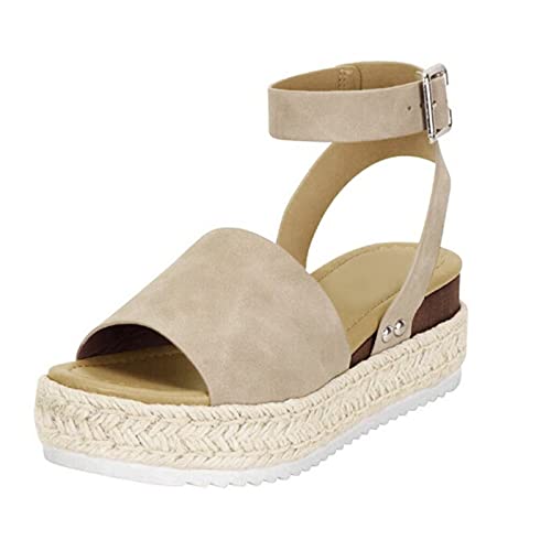 BIISDOST Keils Toe beiläufige Frauen-Schuhe Sandalen Plattformen Mode Damensandalen Damenschuhe Sommerschuhe Flach (Khaki, 38) von BIISDOST