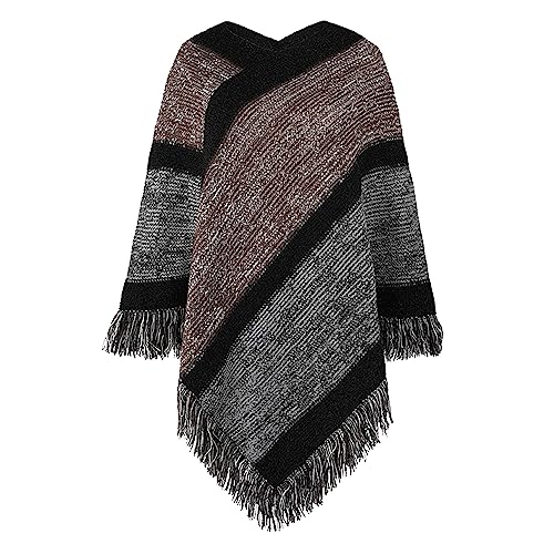 BIISDOST Kontrastfarben gestreifter Strickumhang für Damen mit Quastenschal Groß Metall (Dark Gray, One Size) von BIISDOST