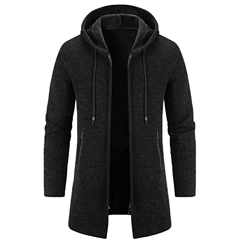 BIISDOST Männer Strickjacke, Cardigan mit Kapuze, Strickjacke Mittlere Länge, Gemütliche Jacken, Slim Fit Strickmantel, Strickpullover Pulli, Winter Schwarz Warm Windjacke, Softshelljacke Kordelzug von BIISDOST