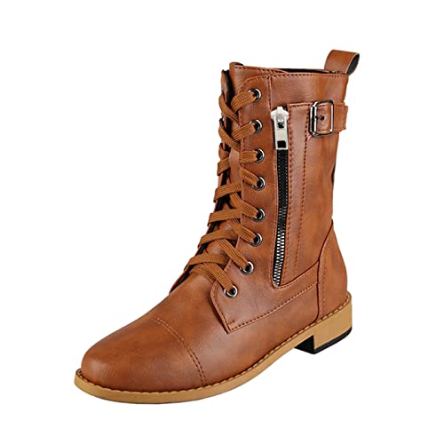 BIISDOST Militär Herren Wüste Kinder Junge 34 Damen-Vintage-Schnürstiefel mit runder Zehenpartie, die warm bleiben, mittlere Cowboystiefel für Damenschuhe Damen Biker (zjsjm-A-Brown, 38) von BIISDOST