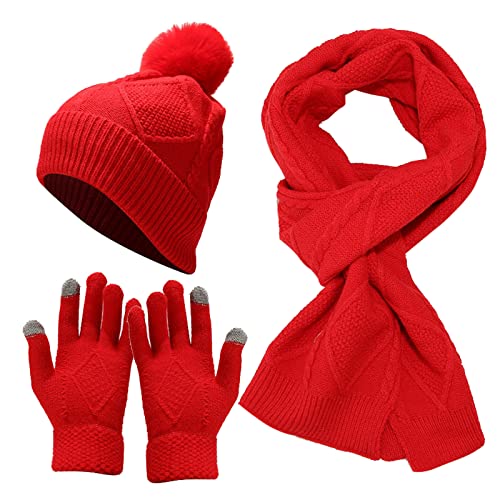 BIISDOST Mützen Set Kinder Skifahren Gestrickte Stricksets Damen Mütze Winddicht Warm Erwachsene Mütze Herren Winterschal Radhandschuhe Baseballmützen Basketball Cap (Red, One Size) von BIISDOST