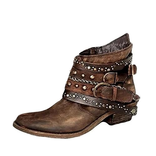 BIISDOST Retro Stiefeletten Flache- Herbst Winter Bootie Casual Short Ankle Boots Cowboy Western Schuhe Retro-Stil Arbeitsschuhe Outdoor Bequem Schuhe Elegant Bootie mit Blockabsatz Strapazierfähige von BIISDOST