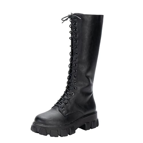 BIISDOST Stiefel Damen Flach Kniehohe Stiefel Mit Schnür Schlupfstiefel Langschaftstiefel Damenstiefel Stiefel Kampfstiefel Schuhe Rutschfeste Winterstiefel SohleWeitschaftstiefel Weiter von BIISDOST