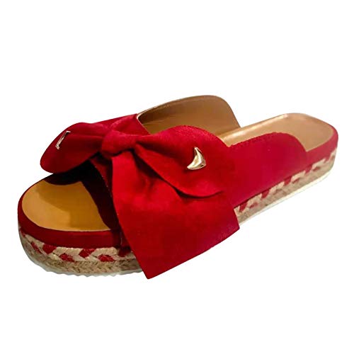 BIISDOST Weave Flat Bow Damen Sandalen Open Toe Atmungsaktive Sommerschuhe Strand Slip-On Damen Sandalen Schuhe Wasserdicht Damen (Red, 41) von BIISDOST