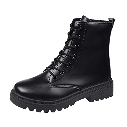 Damen Flach 40 Winter Mädchen 27 Mode Herbst und Winter Damen Stiefeletten Niedriger Absatz Dicke Sohle Rutschfeste Sohle Runde Zehe Schnürung Einfarbig Schwarz Lässiger Stil Schuhe (Black, 37) von BIISDOST