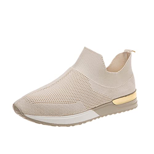 Damen Schuhe Herbst Damen Schuhe Stiefeletten Herbst einfarbige atmungsaktive Mesh gestrickte Flache lässige Sportschuhe Sneaker Damen Glitzer Strass Bequeme Schuhe Damen Elegant Kleiner (Beige, 37) von BIISDOST