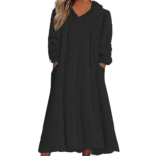 Für Kleider Frauen Casual Kleid Solide Plüsch Mit Kapuze Lose Kleid Tasche Pullover Sweatshirt Kleid Pullover Lange Kleid (Black, M) von BIISDOST