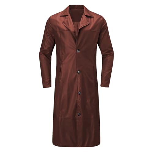 Ledermantel Herren Lang Schwarz Männer Solide Trenchcoat Slim Kunstleder Leder Viktorianischen Cosplay Kostüm Distressed Herrenmantel Windjacke aus Kunstleder Winterjacke von BIISDOST