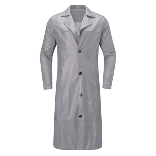 Ledermantel Herren Lang Schwarz Männer Solide Trenchcoat Slim Kunstleder Leder Viktorianischen Cosplay Kostüm Distressed Herrenmantel Windjacke aus Kunstleder Winterjacke von BIISDOST