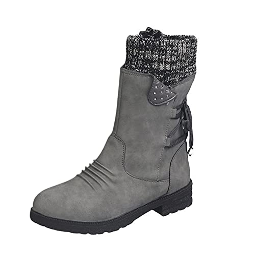 Winter Schnee Young Spirit Damen Wadenstiefel Stiefel Vintage Retro Heels Schuhe bis Mitte für Frauen Spitze dicke lässige Damenstiefel Transparente Schuhe Damen Mit Schuhe Damen Elegant (Grey, 38) von BIISDOST