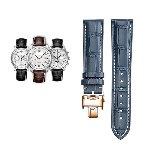 BIK 18 19 20 21 22 mm echtes Kalbsleder-Armband für Master L2 L3 L4 L2.628 L2.673 Rindsleder-Uhrenarmband(Blue white-rosegold,21mm) von BIK