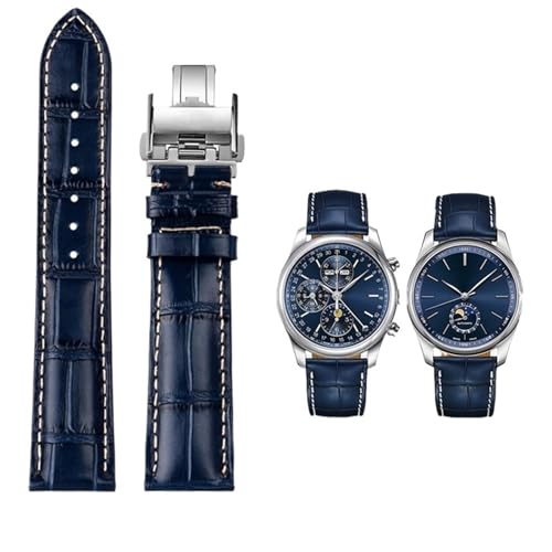 BIK 19 20 21 mm Armband für Longines Masters Collection L3 L4 L2.628/L2.673 Uhrenarmband aus Rindsleder mit Schmetterlingsschnalle(Blue silver Folding,20mm) von BIK