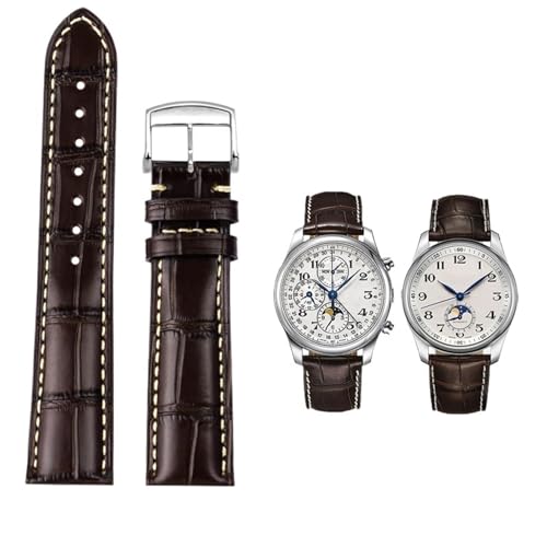 BIK 19 20 21 mm Armband für Longines Masters Collection L3 L4 L2.628/L2.673 Uhrenarmband aus Rindsleder mit Schmetterlingsschnalle(Brown silver pin,19mm) von BIK