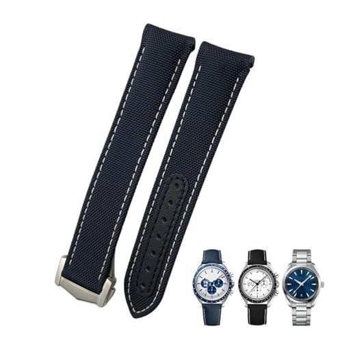 BIK 19 mm 20 mm 21 mm hochdichtes Nylon-Canvas-Uhrenarmband mit gebogenem Ende, passend für Omega Seamaster 300 AT150 Speedmaster Longines Uhrenarmband(Blue White,20mm Rose clasp) von BIK