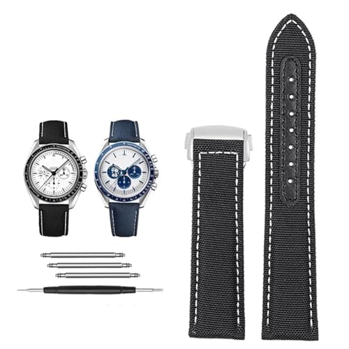 BIK 19 mm 20 mm Canvas-Nylon-Uhrenarmbänder für Omega Seamaster 300 Speedmaster AT150 Omega Speedmaster Slubby 310.32 Series Nylonarmband(Black white silver,20mm) von BIK