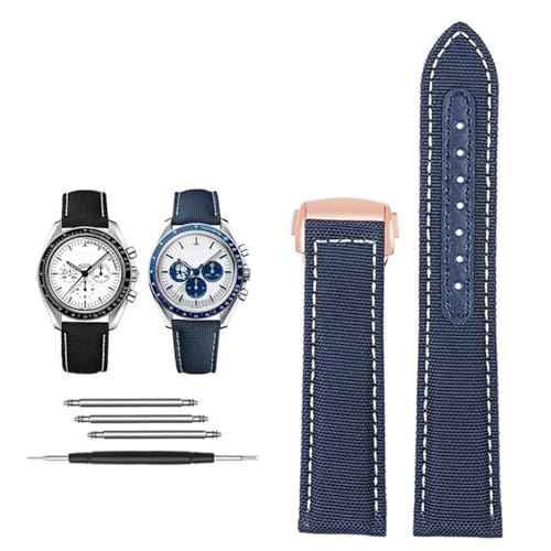 BIK 19 mm 20 mm Canvas-Nylon-Uhrenarmbänder für Omega Seamaster 300 Speedmaster AT150 Omega Speedmaster Slubby 310.32 Series Nylonarmband(Blue white Rose gold,20mm) von BIK