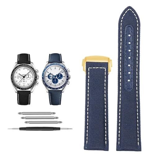 BIK 19 mm 20 mm Canvas-Nylon-Uhrenarmbänder für Omega Seamaster 300 Speedmaster AT150 Omega Speedmaster Slubby 310.32 Series Nylonarmband(Blue white gold,20mm) von BIK