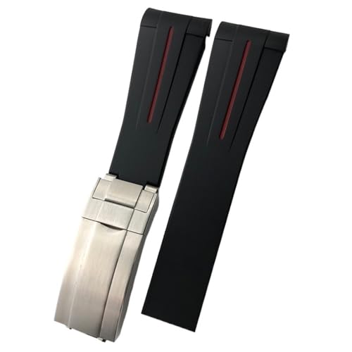 BIK 20 mm 21 mm Gummi-Uhrenarmband mit gebogenem Ende, geeignet für Rolex Submariner GMT Daytona Deep Sea Dweller Explorer 2 Silikon-Uhrenarmband(Red line,20mm rose buckle) von BIK