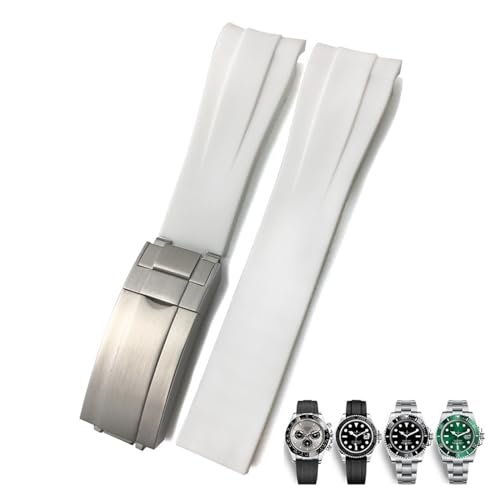 BIK 20 mm 21 mm Gummi-Uhrenarmband mit gebogenem Ende, geeignet für Rolex Submariner GMT Daytona Deep Sea Dweller Explorer 2 Silikon-Uhrenarmband(White,20mm silver gold) von BIK