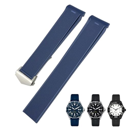 BIK 20 mm 22 mm Gummi-Silikon-Uhrenarmband passend für Tag Heuer F1 CARRERA AQUARACER 300 WAY201A WAY211C Uhrenarmbänder Zubehör(Blue Silver Buckle,22mm) von BIK