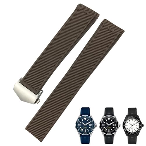 BIK 20 mm 22 mm Gummi-Silikon-Uhrenarmband passend für Tag Heuer F1 CARRERA AQUARACER 300 WAY201A WAY211C Uhrenarmbänder Zubehör(Brown Silver Buckle,21.5mm) von BIK