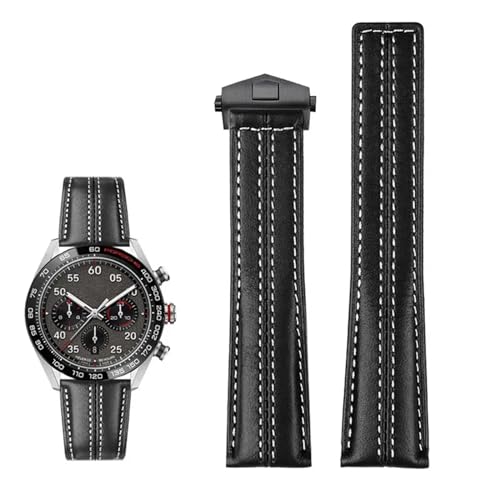 BIK 22 mm echtes Lederarmband für Tag Heuer-Uhr Carrera Monaco Herrenarmbanduhr Rindsleder-Faltschließe(Black black buckle) von BIK