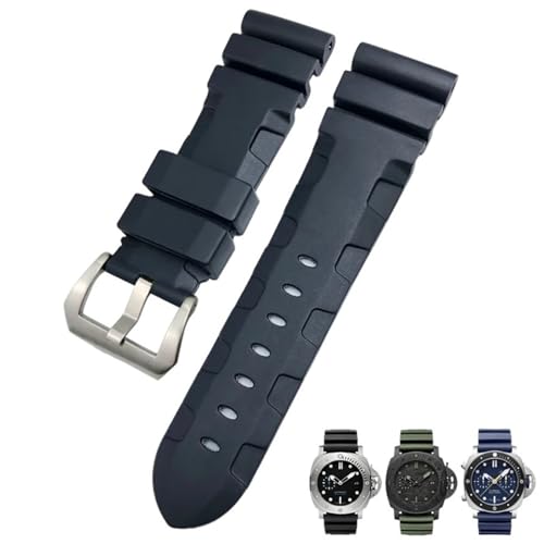 BIK 24mm 26mm Natur Gummi Armband Fit für Panerai PAM Silikon Rot Blau Uhr Armband Wasserdichte Armbänder Werkzeuge(Black silver,26mm) von BIK