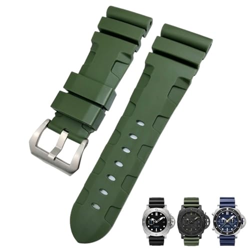 BIK 24mm 26mm Natur Gummi Armband Fit für Panerai PAM Silikon Rot Blau Uhr Armband Wasserdichte Armbänder Werkzeuge(Green silver,24mm) von BIK