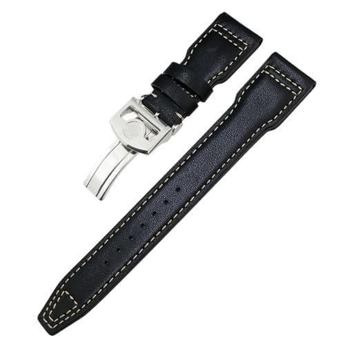 BIK Dickes echtes Leder Kalbsleder Armband 20mm 21mm 22mm für IWC Big PILOT Spitfire IW5009 IW3777 Nieten Rindsleder Uhrenarmband Werkzeug(Black white plain1-01,20mm) von BIK