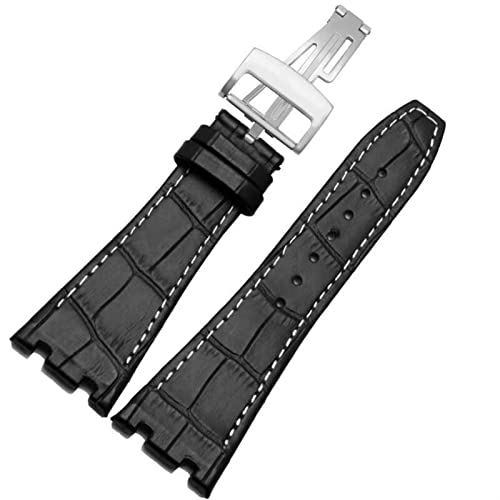 BIK Für AP 15400 Handgelenkriemen 26mm Uhrenband Echtes Lederhandschachtband mit Stahleinsatzschnalle(Black Xsilver clasp) von BIK