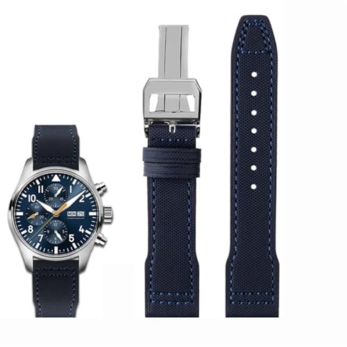 BIK Hochdichtes Nylon-Rindsleder für IWC Mark Pilot Prince Bertolo Portugal Faltschließe-Uhrenarmband 20 21 mm Herrenarmband Nylon-Rindsleder-Uhrenarmband(Blue line 01 silver,22mm) von BIK