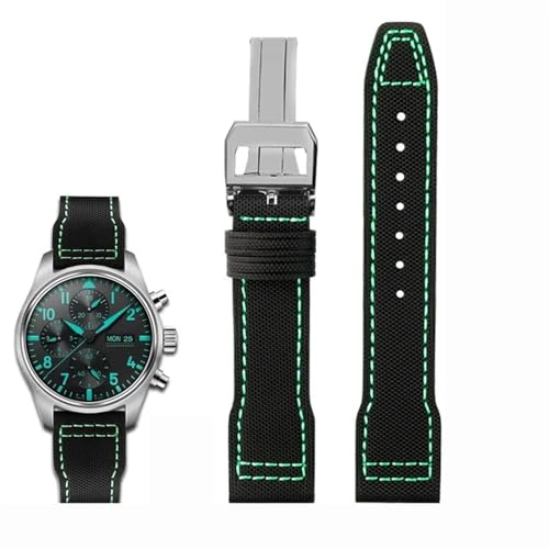 BIK Hochdichtes Nylon-Rindsleder für IWC Mark Pilot Prince Bertolo Portugal Faltschließe-Uhrenarmband 20 21 mm Herrenarmband Nylon-Rindsleder-Uhrenarmband(Green line silver,21mm) von BIK
