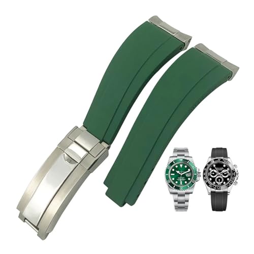 BIK Uhrenarmband aus Gummi mit Stahlkopfnarbung, passend für Rolex Submariner-Armband SUB GMT Ditongna-Uhrenarmband 20 mm(Green,MatteSilver-end) von BIK