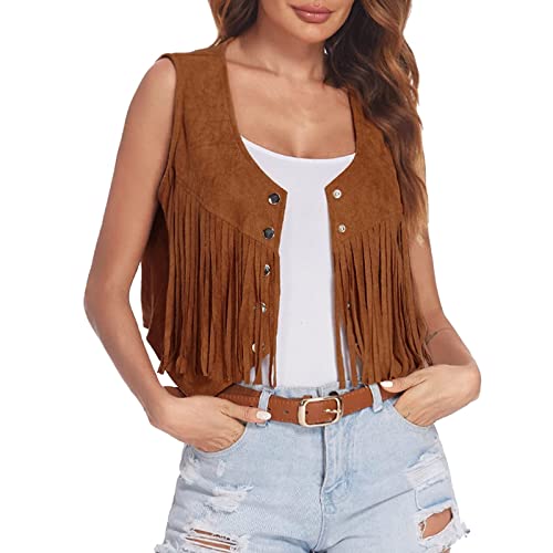 BIKETAFUWY Damen Faux Wildleder Cowboy Ärmellos Weste Cardigan mit Fransen Weich Cowgirl Weste Kurze Fransenjacken Braun Weste mit Fransen Damen Retro Hippie-Kostüme 70er Fransenweste für Frauen von BIKETAFUWY