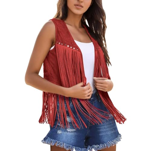BIKETAFUWY Damen Faux Wildleder Cowboy Ärmellos Weste Cardigan mit Fransen Weich Cowgirl Weste Kurze Fransenjacken Braun Weste mit Fransen Damen Retro Hippie-Kostüme 70er Fransenweste für Frauen von BIKETAFUWY