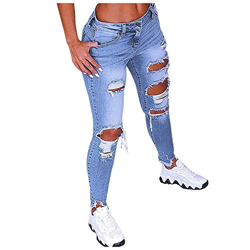 BIKETAFUWY Damen Skinny Einfarbig Niedrige Taille Jeans Stretch Jeanshose Löcher Elegant Röhrenjeans Frauen Risse Ripped Lang Eng Denim Hose Destroyed Jeggings von BIKETAFUWY