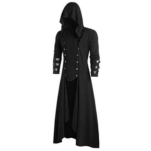 BIKETAFUWY Herren Gothic Steampunk Frack Mantel Smoking Jacke Langarm Kostüm mit Kapuze Vintage Renaissance Jacke Lang Mittelalter Viktorianischen Mantel Uniform Retro Punk Jacke Outwear 01 von BIKETAFUWY