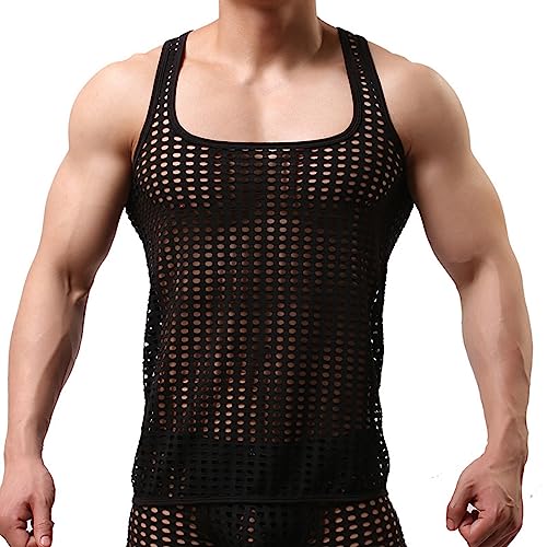 BIKETAFUWY Herren Muskel Transparent T-Shirt Kurzarm Fischnetz Shirts Unterhemd Slim Fit Männer Netzshirt Sexy Netz Tops Unterwäsche Netzstruktur Netzhemd Durchsichtiges Oberteil (C#3-Black, S) von BIKETAFUWY