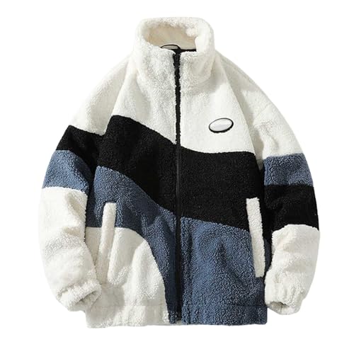 BIKETAFUWY Herren Patchwork Jacke Oberbekleidung Teddy Fleece mit Stehkragen Langarm Winterjacke Sweatjacke mit Reißverschluss Warm Plüsch Übergangsjacke Lässige Verdickte Plüschjacke Fleecejacke von BIKETAFUWY