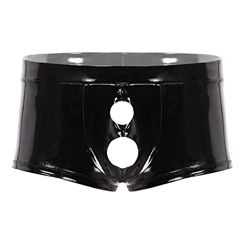 BIKETAFUWY Herren Sexy Shorts Wetlook Slip Ouvert Unterhose Lack Leder Latex Dessous Ledershorts Aushöhlen Tanga Sexy Unterwäsche Boxer Shorts mit 2 Öffnung Schwarz Erotische Dessous Gogo Clubwear von BIKETAFUWY