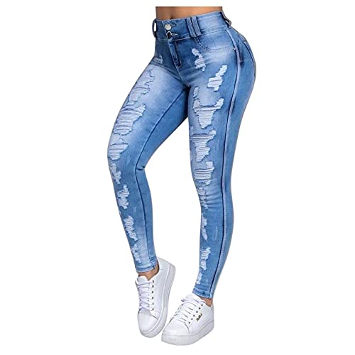 BIKETAFUWY High Waist Jeanshosen für Damen Jeans Hose mit Löchern Stretch Jeans Hosen Schmale Denim Hosen Knopf Freizeithose Zerrissene Jeans Tasche Jeanshose von BIKETAFUWY