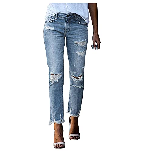 BIKETAFUWY High Waist Jeanshosen für Damen Jeans Hose mit Löchern Stretch Jeans Hosen Schmale Denim Hosen Knopf Freizeithose Zerrissene Jeans Tasche Jeanshose von BIKETAFUWY